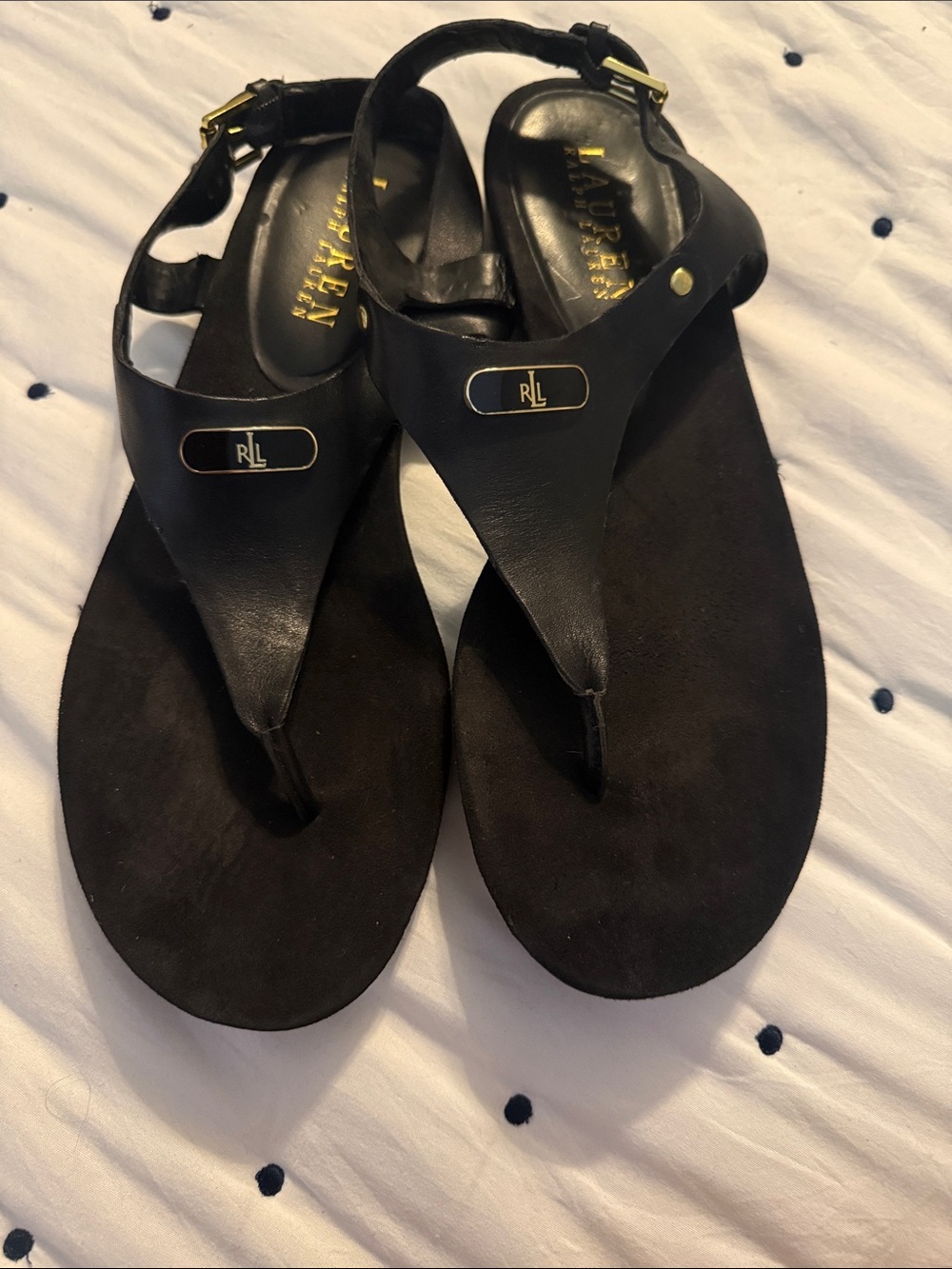 Ralph Lauren Black Leather RL Logo Thong Sandals with Gold Hardware